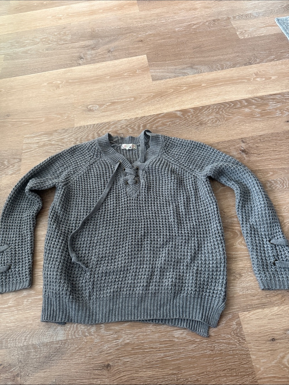 Cozy Gray Lace-Up Knit Sweater - Women